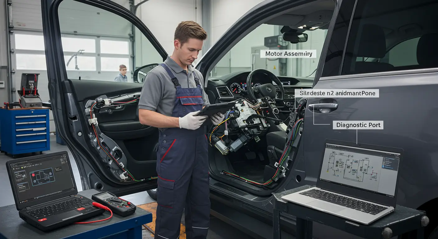 Slika prikazuje tehničara kako koristi dijagnostički alat za proveru električnih komponenti na kliznim vratima automobila, u kontekstu rešavanja problema sa neispravnim električnim kliznim vratima.