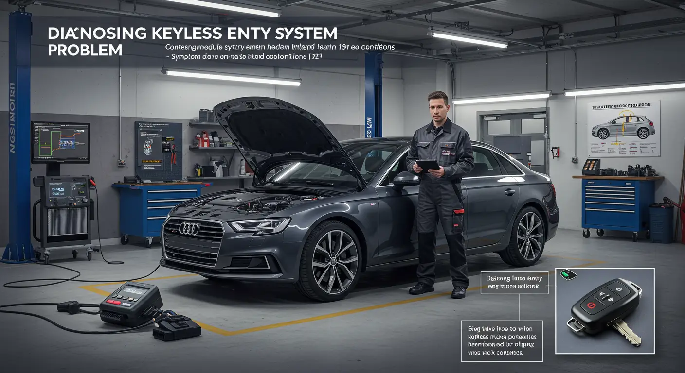 Slika prikazuje tehničara kako koristi dijagnostički alat za proveru sistema bezključnog ulaska na automobilu, sa fokusom na simbol ključa sa talasastim linijama na ekranu.