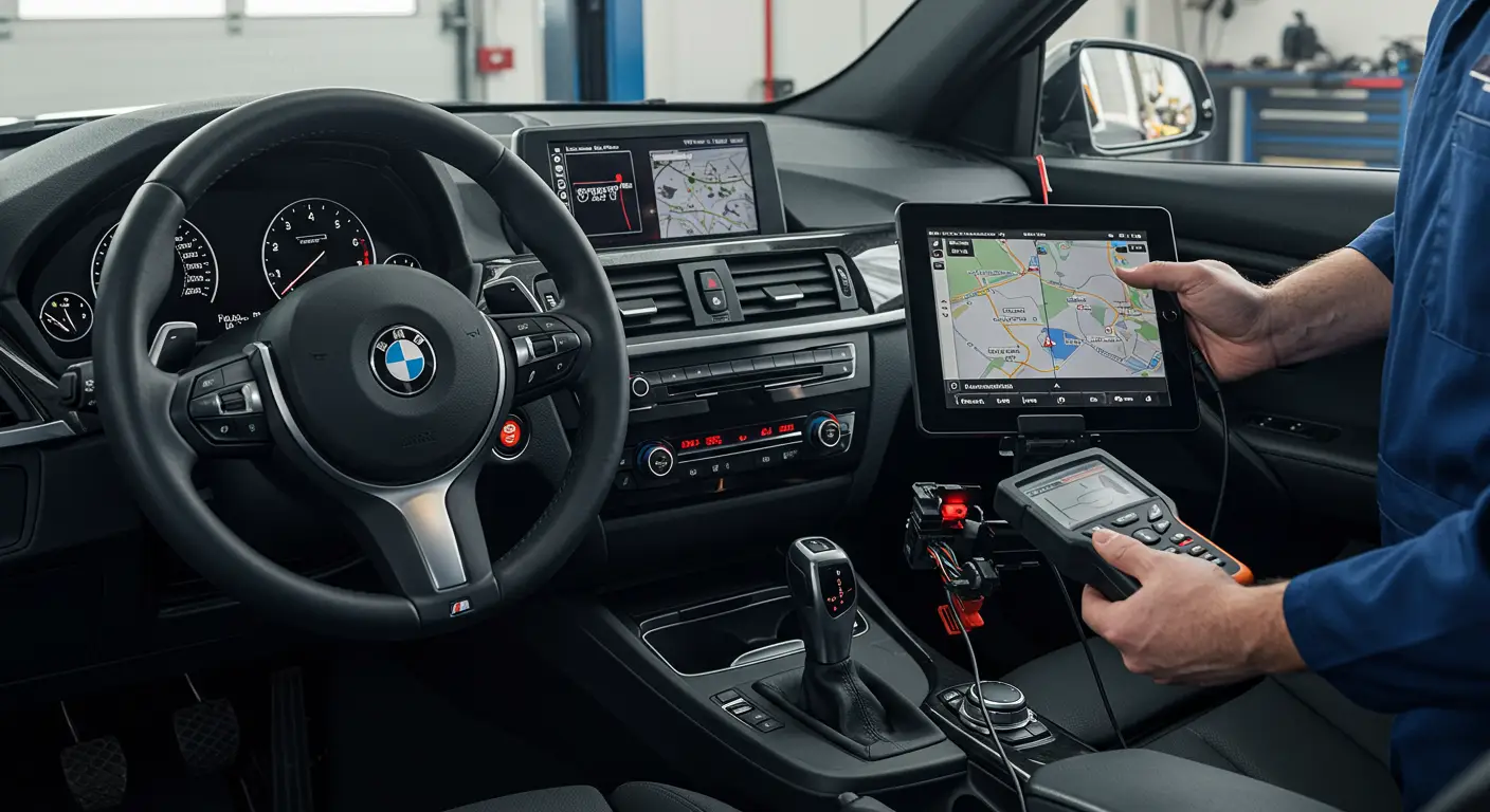 Slika prikazuje tehničara kako koristi dijagnostički alat za rešavanje problema sa automobilskim infotainment sistemom, fokusirajući se na uobičajene probleme poput neispravnog ekrana ili loše povezivosti.