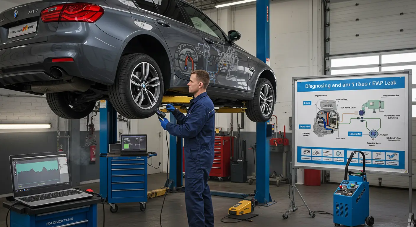 Slika prikazuje tehničara kako koristi dimnu mašinu za dijagnostikovanje EVAP curenja na automobilu, sa alatima i delovima motora vidljivim u pozadini.