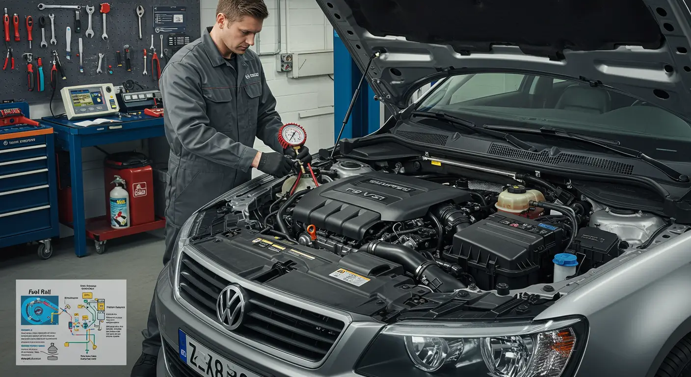Slika prikazuje tehničara kako koristi manometar za testiranje pritiska goriva na automobilskom motoru, ilustrujući važnost održavanja optimalnog pritiska u sistemu goriva radi efikasnog rada vozila.