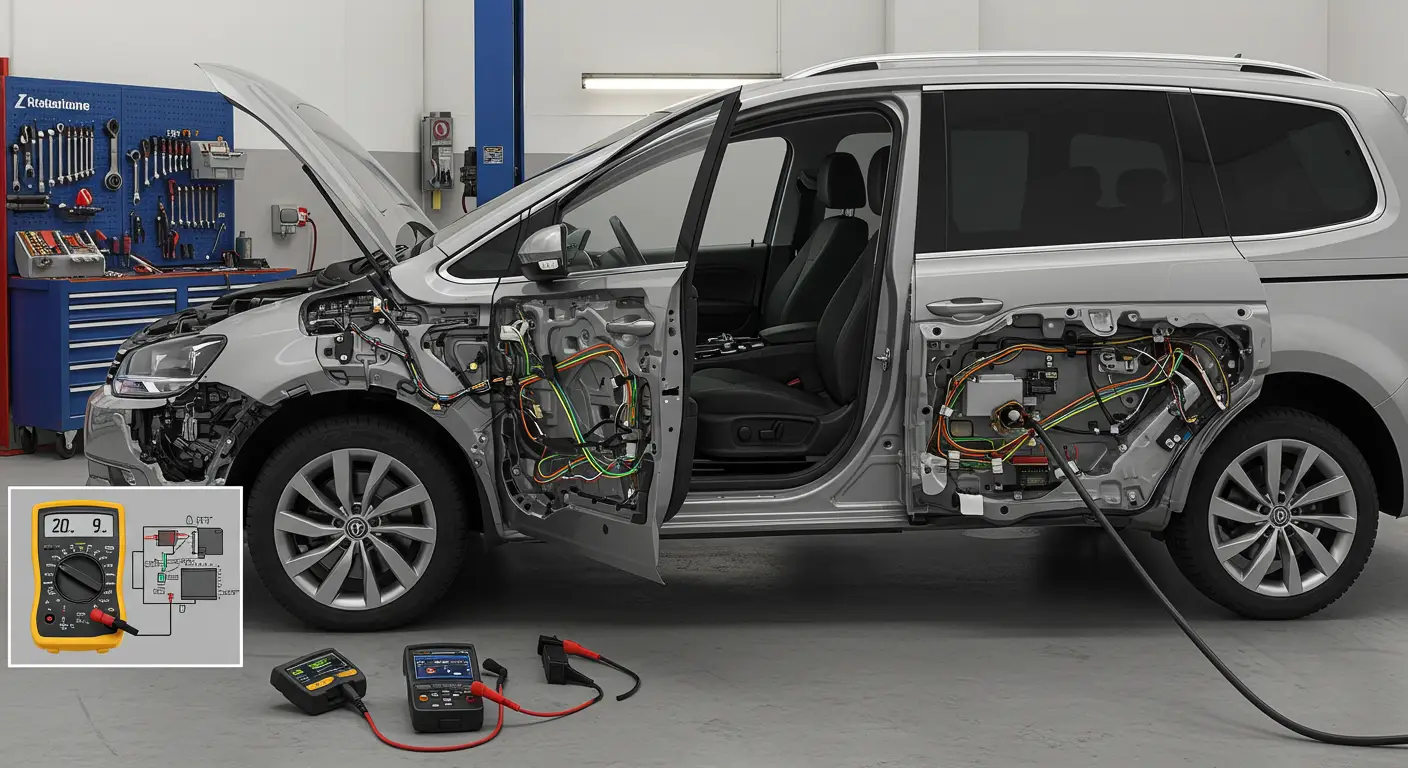 Slika prikazuje tehničara kako pregledava i popravlja neispravna klizna vrata na automobilu, fokusirajući se na električne komponente i mehanizam vrata.