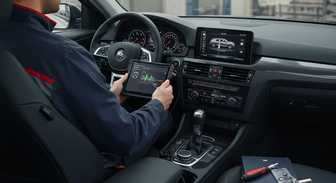 Slika prikazuje tehničara koji koristi tablet računar za dijagnostikovanje problema sa infotainment sistemom u automobilu; ekran prikazuje dijagnostički softver sa informacijama o greškama.