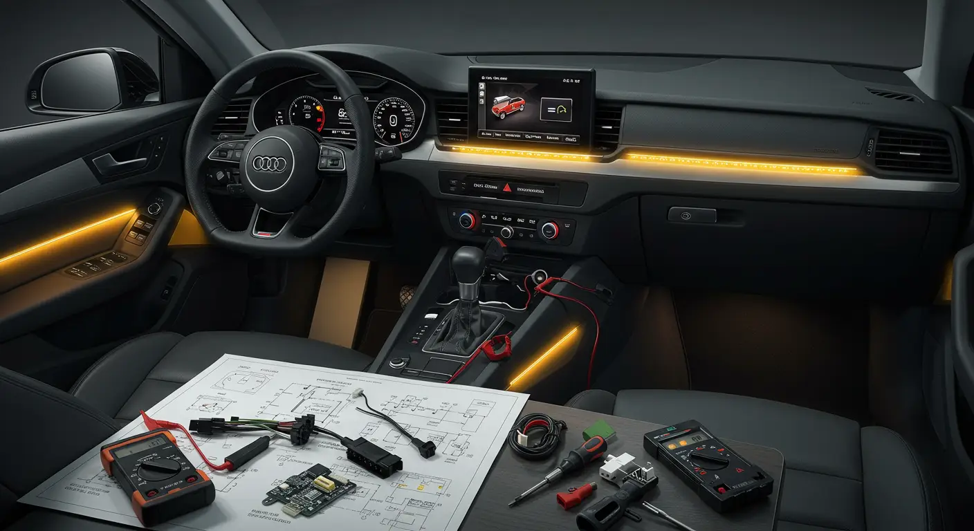 Slika prikazuje unutrašnjost automobila sa ambijentalnim osvetljenjem koje ne funkcioniše ispravno; svetla se ne pale ili trepere, što može biti uzrokovano električnim problemima ili oštećenim LED trakama.