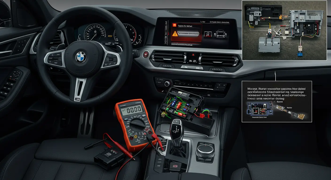 Slika prikazuje unutrašnjost automobila sa fokusom na centralnu konzolu i instrument tablu, dok vozač pokušava da reši problem sa neispravnim električnim dodacima.