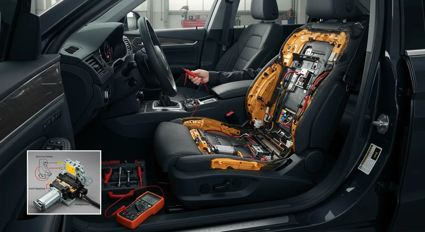 Slika prikazuje unutrašnjost automobila sa fokusom na elektronsko upravljanje sedišta, ilustrujući simptome i moguće kvarove poput nemogućnosti pomeranja sedišta ili neispravnog motora za podešavanje.