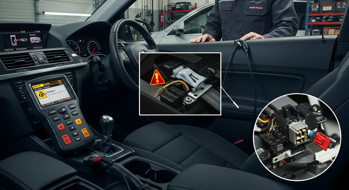 Slika prikazuje unutrašnjost automobila sa fokusom na instrument tablu gde svetli indikator za kvar na senzoru sigurnosnog pojasa, što može ukazivati na problem sa funkcionalnošću pojasa.