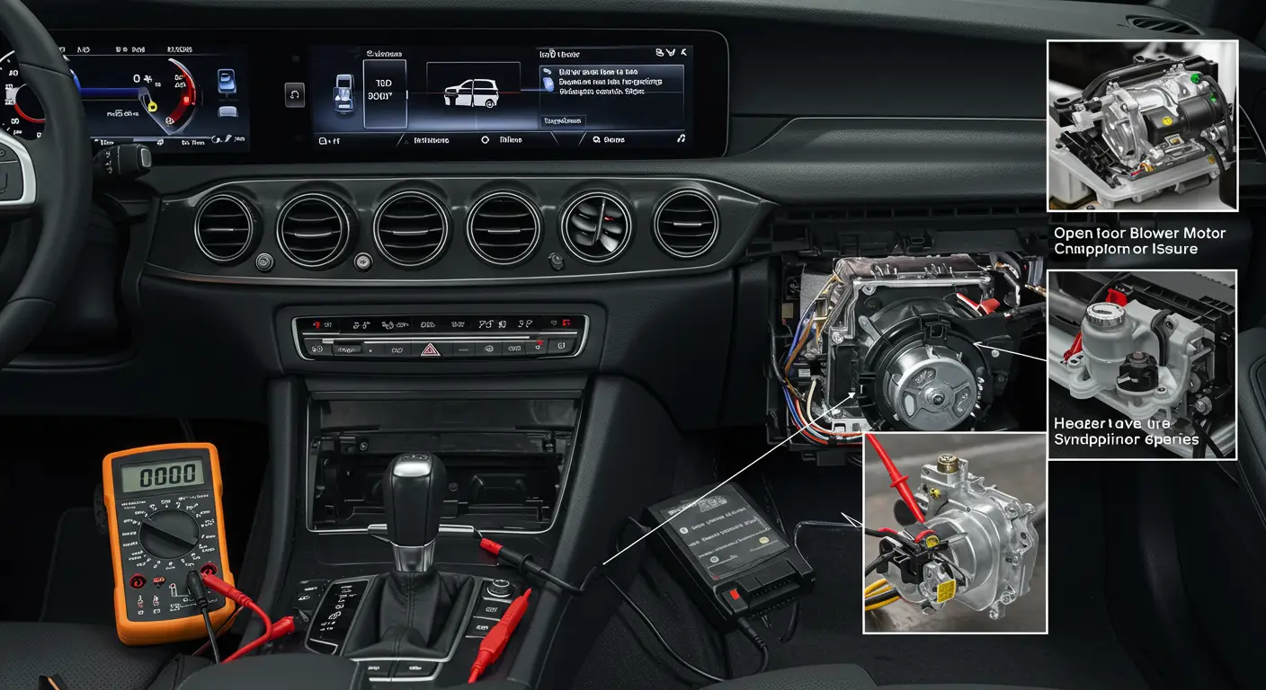 Slika prikazuje unutrašnjost automobila sa fokusom na komandnu tablu i ventilacione otvore, ilustrujući potencijalne probleme sa motorom ventilatora, poput nedostatka protoka vazduha ili neobičnih zvukova.
