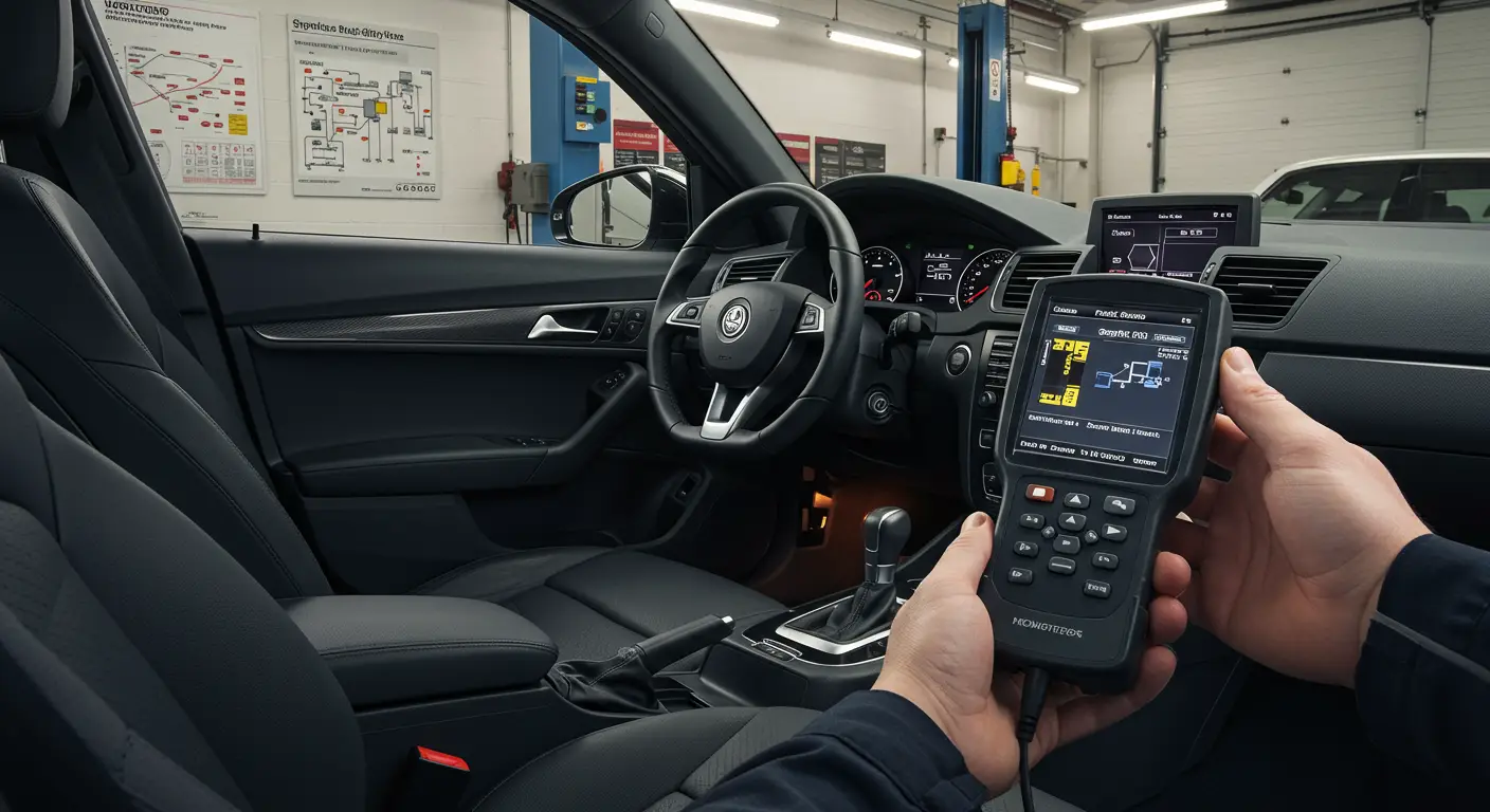 Slika prikazuje unutrašnjost automobila sa fokusom na kontrolnu tablu gde svetli indikator kvara sigurnosnog pojasa, ilustrirajući simptome neispravnog senzora sigurnosnog pojasa.