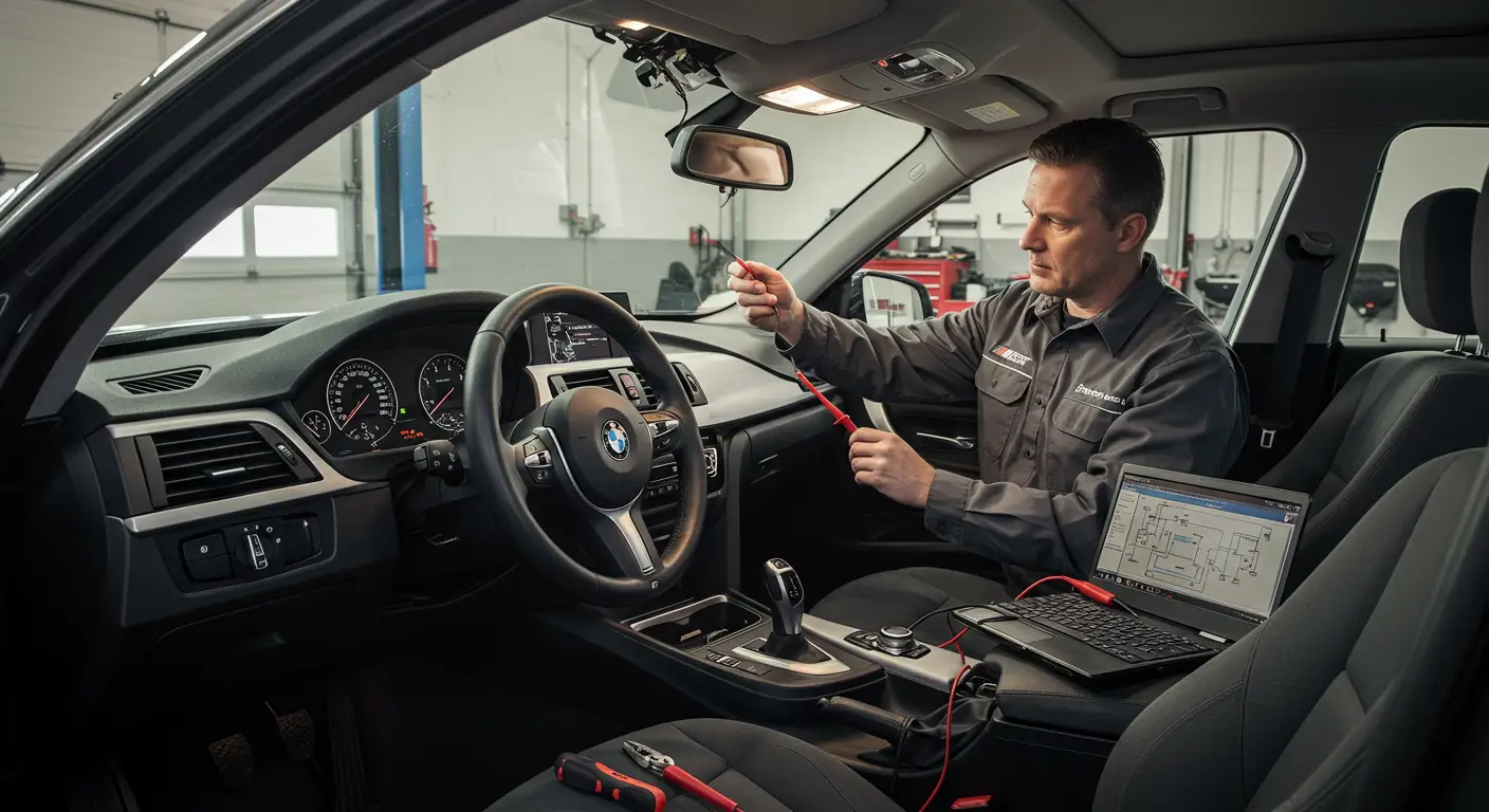 Slika prikazuje unutrašnjost automobila sa fokusom na krovnu kupolu i osvetljenje, uz istaknute ruke koje drže alat, ilustrujući proces dijagnostikovanja i popravke problema sa unutrašnjim svetlom.