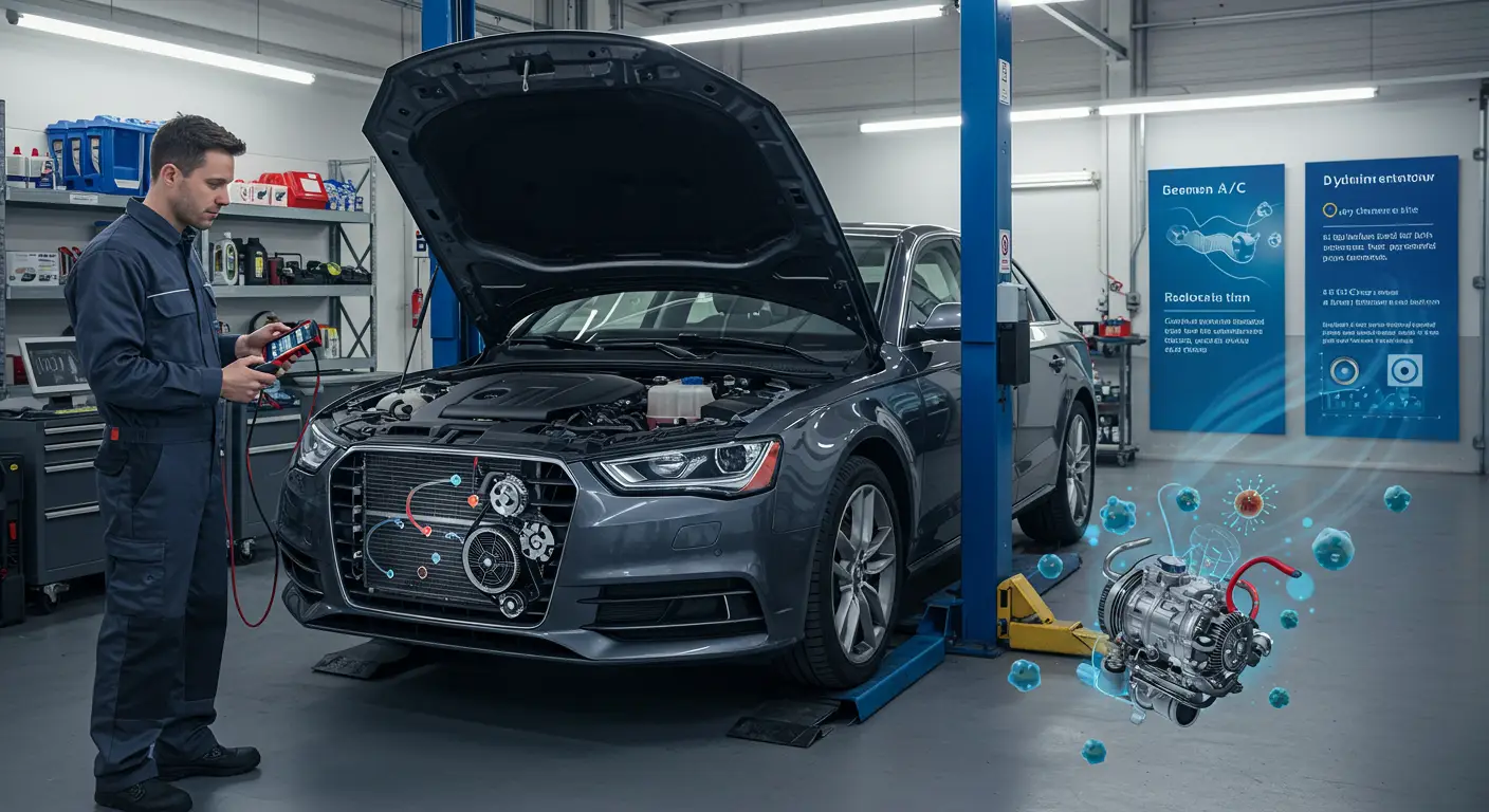Slika prikazuje unutrašnjost automobila sa naglaskom na ventilacione otvore klima uređaja, uz tekst o uzrocima neprijatnih mirisa iz klima uređaja i savetima za njihovo uklanjanje.