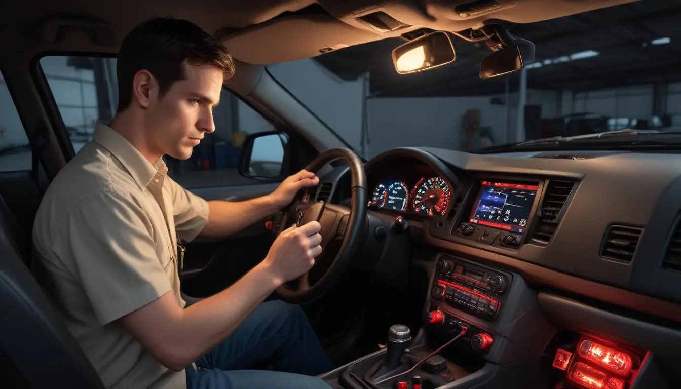 Slika prikazuje vozača automobila kako pregledava dashboard s upaljenim lampicama upozorenja. Vozač koristi dijagnostički alat za identifikaciju električnih problema koji uzrokuju upozorenja na instrument tabli.