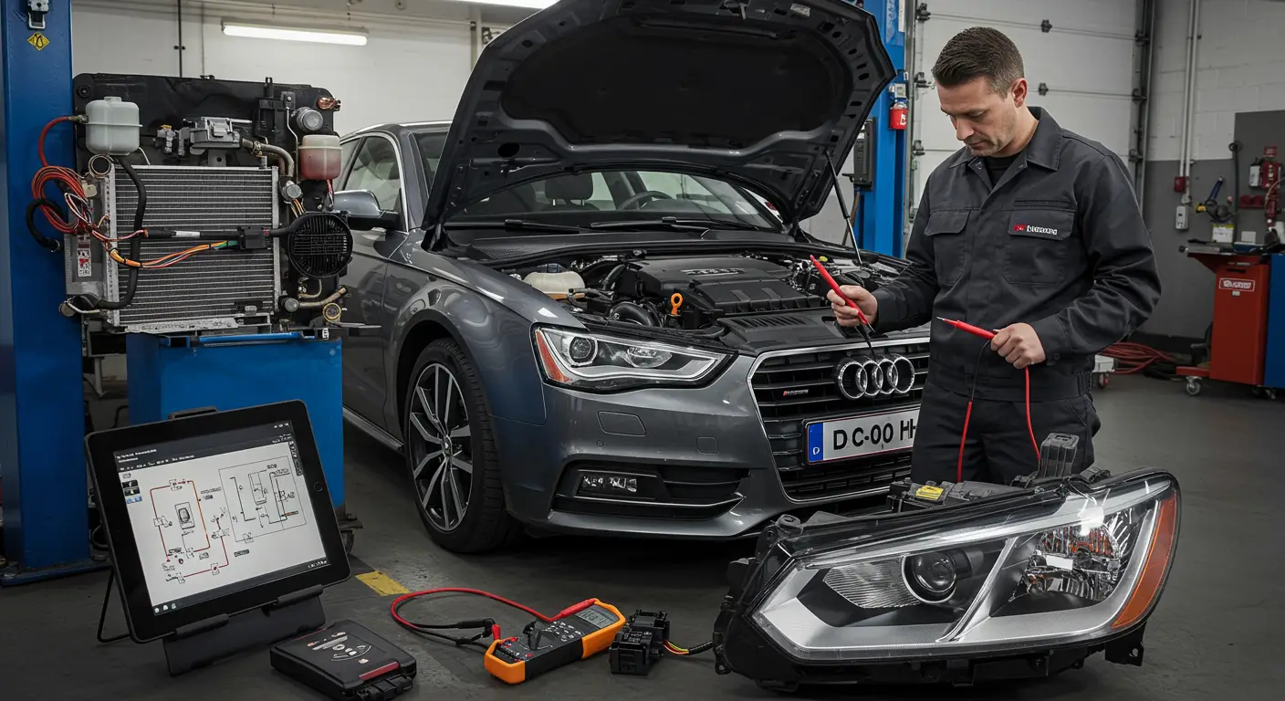 Slika prikazuje vozača automobila kako proverava visoka svetla na automobilu, sa haubom otvorenom i alatima pored, ilustrujući problem i proces popravke visokih svetala koja ne rade.