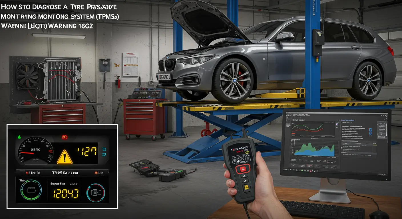 Slika prikazuje vozača kako koristi dijagnostički alat na automobilu kako bi proverio sistem za nadzor pritiska u gumama (TPMS) nakon što se upalila lampica upozorenja na kontrolnoj tabli.