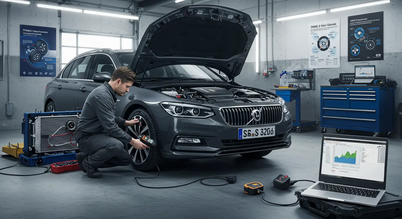 Slika prikazuje vozača kako koristi dijagnostički alat za proveru sistema za praćenje pritiska u gumama (TPMS) u automobilu, sa TPMS svetlom koje je uključeno na kontrolnoj tabli.