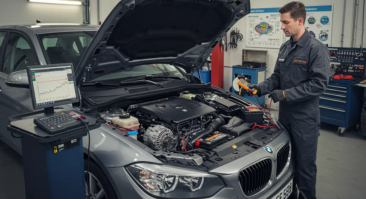 Slika prikazuje vozača kako proverava napon akumulatora automobila pomoću multimetra, dok se kapuljača automobila nalazi podignuta.