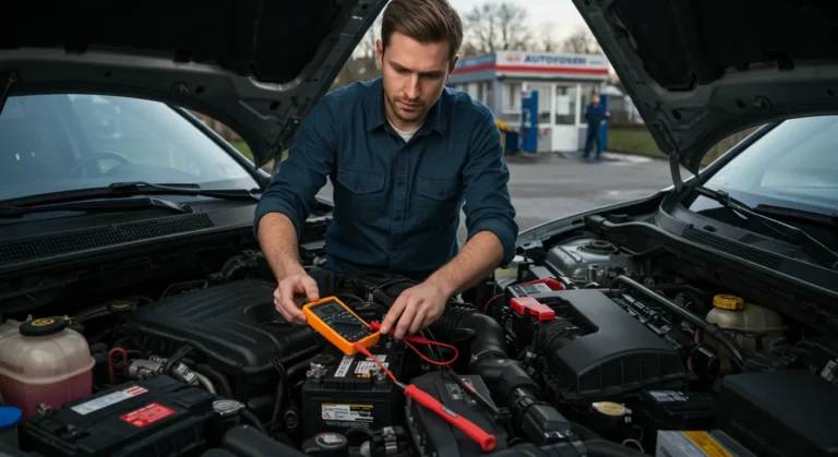 Automobil sa otvorenom haubom, voltmetar prikazuje nizak napon, vozač proverava kablove i kleme baterije, savet za proveru i punjenje baterije.