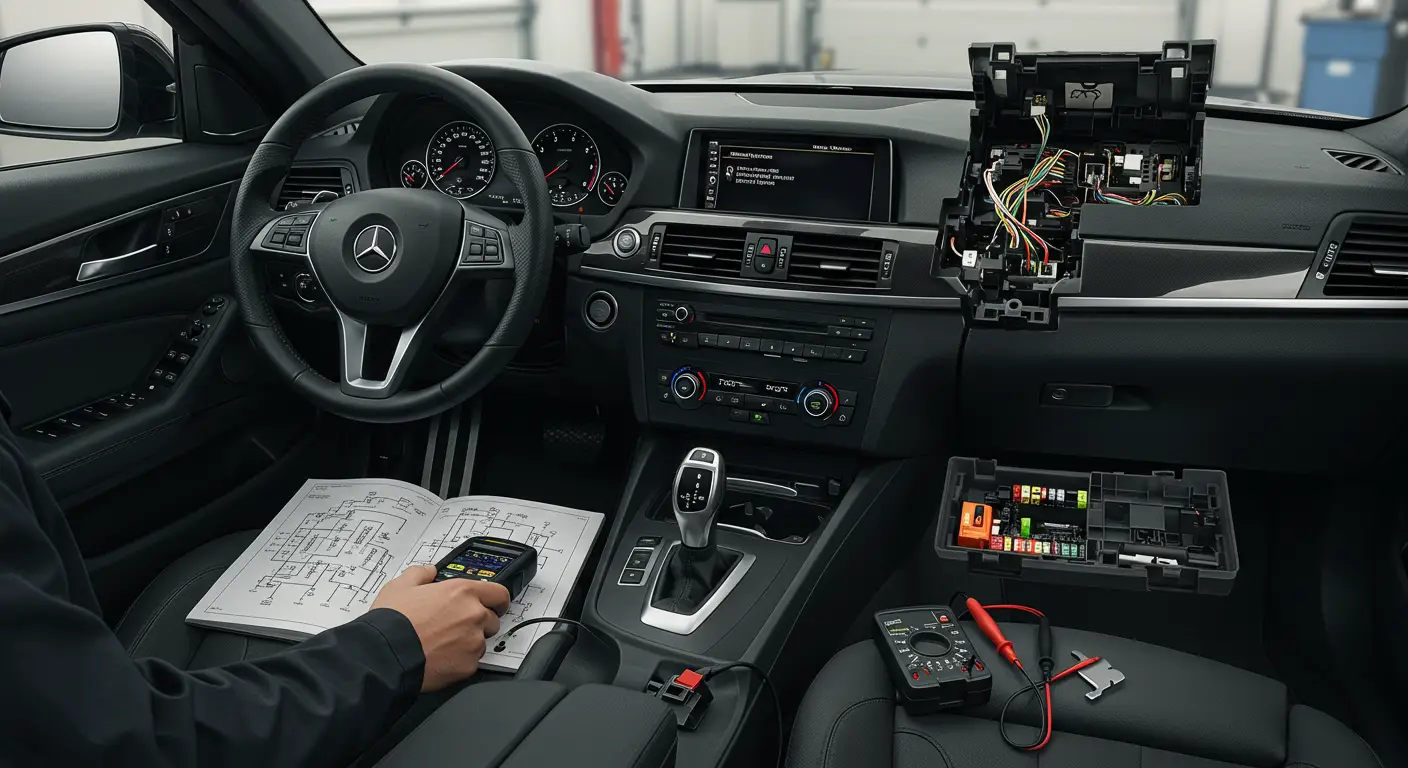 Unutrašnjost automobila sa fokusom na upravljačku tablu i električne dodatke koji ne funkcionišu, kao što su radio, klima uređaj i svetla; uzroci mogu biti osigurači ili kablovi, a rešenja uključuju proveru spojeva i zamenu komponenti.