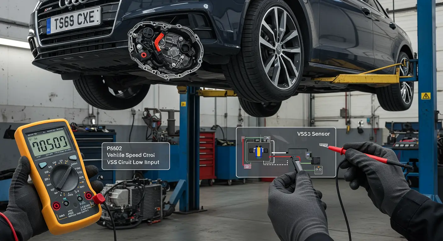 Digitalni merač brzine na instrument tabli automobila prikazuje nisku brzinu, dok dijagnostički alat prikazuje grešku P0502 za senzor brzine vozila (VSS).