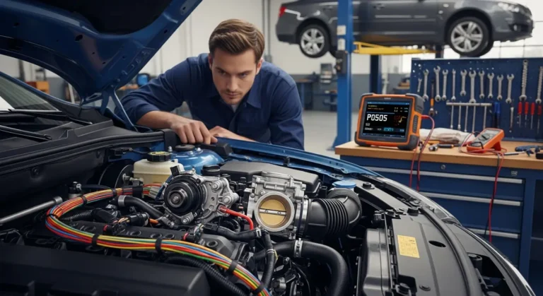 Automobilski motor sa naglašenim ventilom za kontrolu ler gasa, prikazuje grešku P0505 - neispravnost sistema za kontrolu praznog hoda.