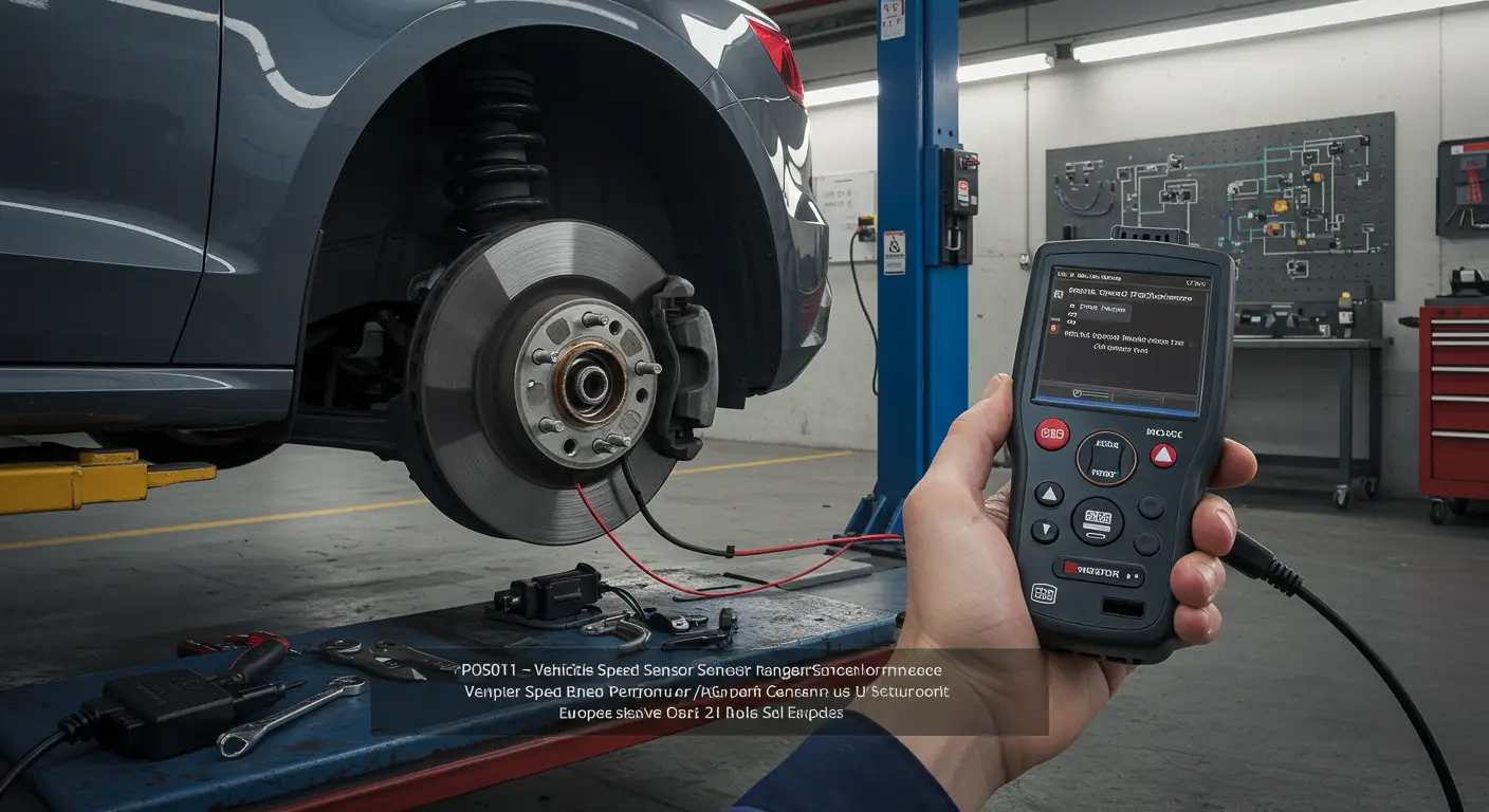 Slika prikazuje instrument tablu automobila sa upaljenom lampicom za grešku i dijagnostičkim skenerom koji prikazuje kod P0501, što ukazuje na problem sa senzorom brzine vozila.