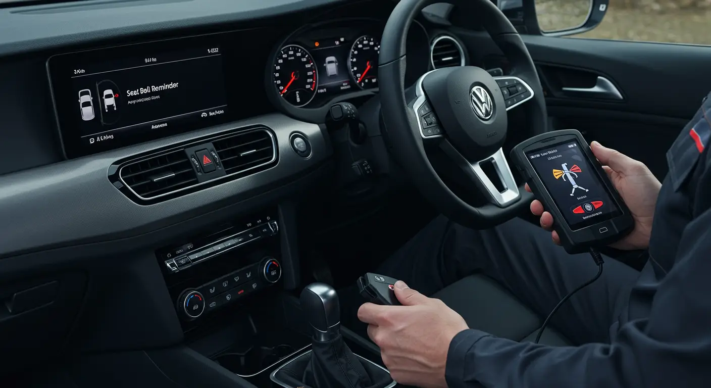 Automobilska kontrolna tabla sa upaljenom lampicom za vezivanje pojasa.
(Ilustracija vozačevog sedišta sa crvenim simbolom pojasa na ekranu automobila.)