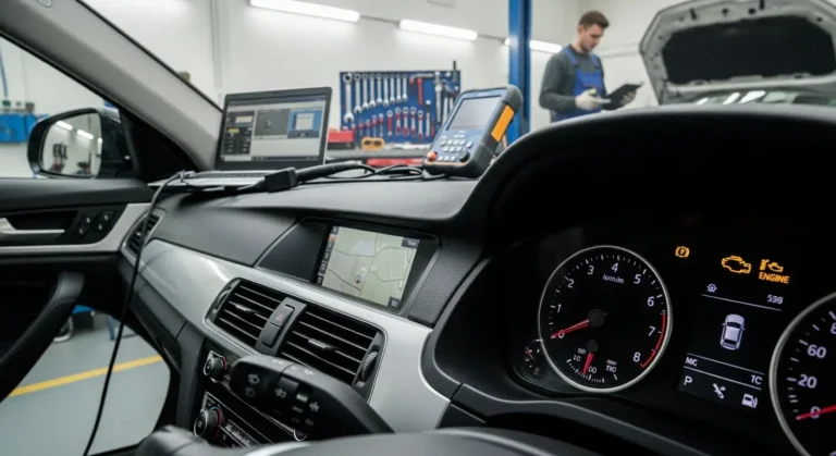Upaljeno upozorenje "Check Engine" na kontrolnoj tabli automobila, signalizirajući potencijalni kvar ili potrebu za dijagnostikom motora.