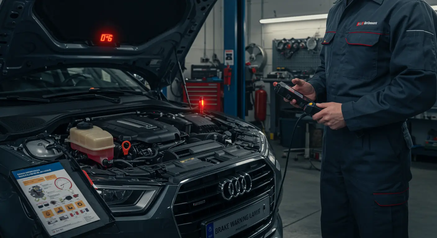 Crvena kontrolna lampica kočionog sistema svetli na instrument tabli automobila.
Lampica upozorenja za kočioni sistem prikazana na ekranu, signalizirajući moguće probleme sa kočnicama.