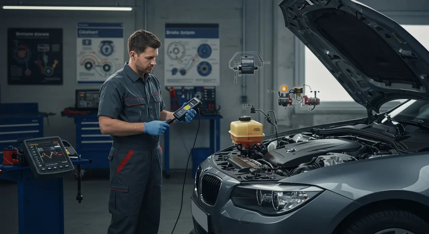 Crvena lampica upozorenja na kočioni sistem svetli na kontrolnoj tabli automobila, ukazujući na mogući problem sa kočnicama.