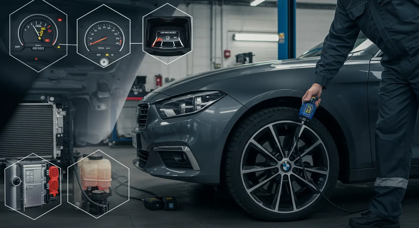 Ikonica upozorenja za pritisak u gumama (TPMS) svetli na instrument tabli automobila, prikazujući žuti simbol gume sa uzvičnikom.