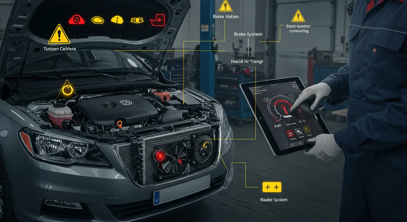 Instrument tabla automobila sa upaljenim crvenim i žutim lampicama upozorenja, uključujući lampicu motora, ulja i kočnica.
(Translation: Car dashboard with illuminated red and yellow warning lights, including engine, oil, and brake indicators.)