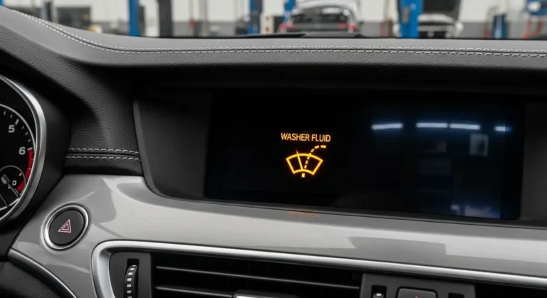 Lampica za upozorenje na nivo tečnosti za pranje vetrobrana, prikazana na instrument tabli automobila, simbolizuje potrebu dopune tečnosti.
