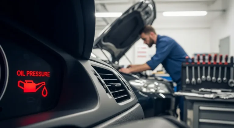 Lampica upozorenja pritiska ulja na instrument tabli automobila, označava nizak pritisak ulja i potrebu za proverom motora.