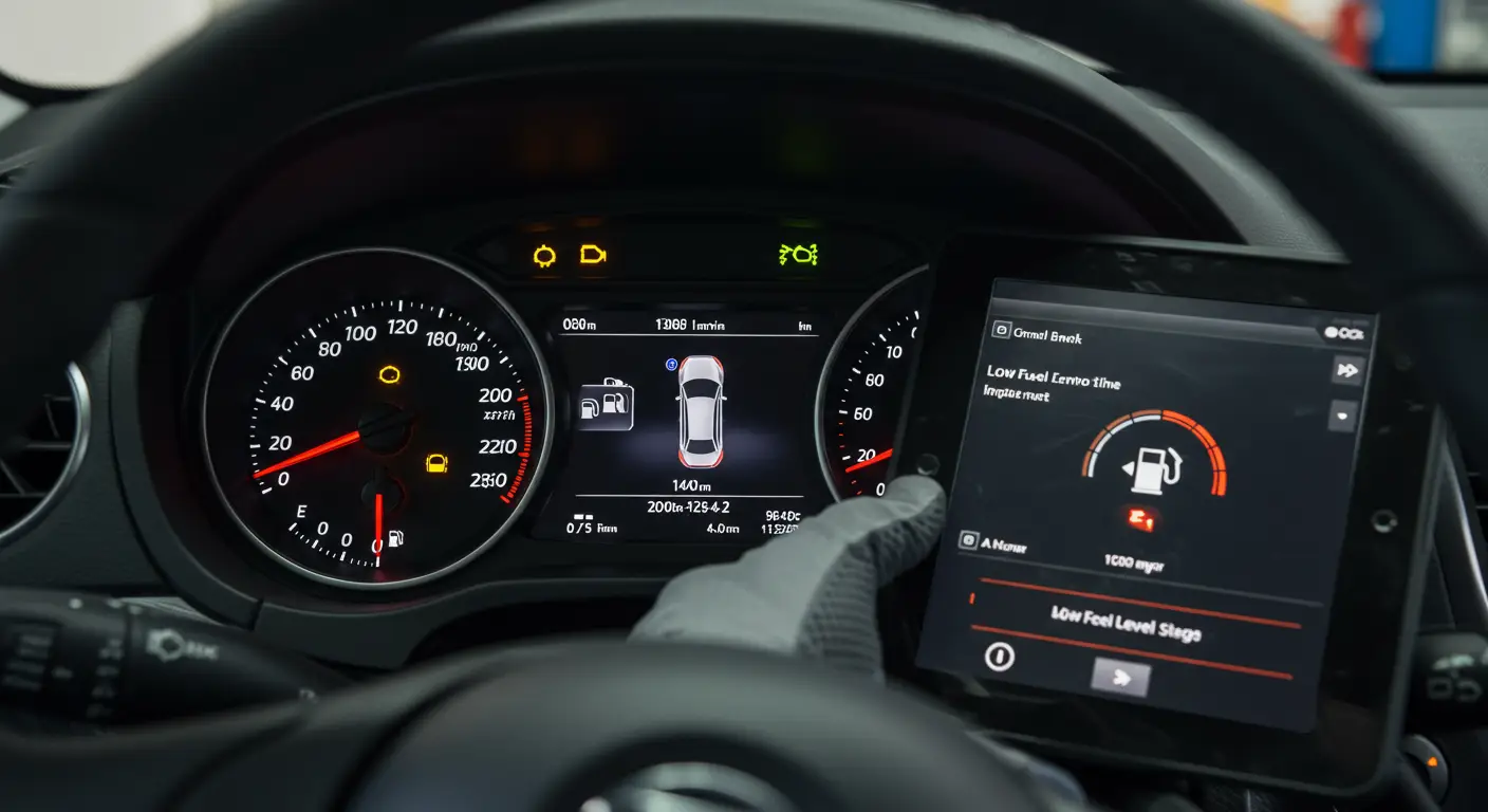 Na instrument tabli automobila prikazana je narandžasta lampica sa simbolom goriva koja označava nizak nivo goriva u rezervoaru.