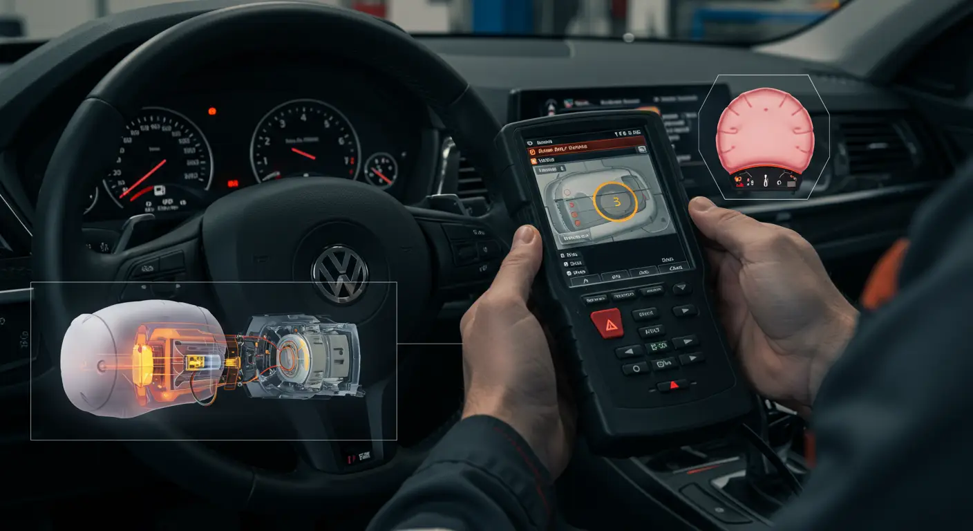 Na instrument tabli automobila svetli lampica za vazdušni jastuk/SRS upozorenje u žutoj boji.
Lampica za airbag/SRS upozorenje prikazana na kontrolnoj tabli vozila.