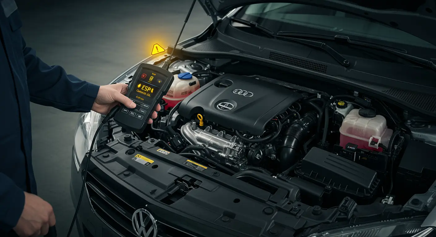 Na instrument tabli automobila svetli žuta ESP lampica, što ukazuje na mogući problem sa sistemom elektronske stabilnosti vozila.