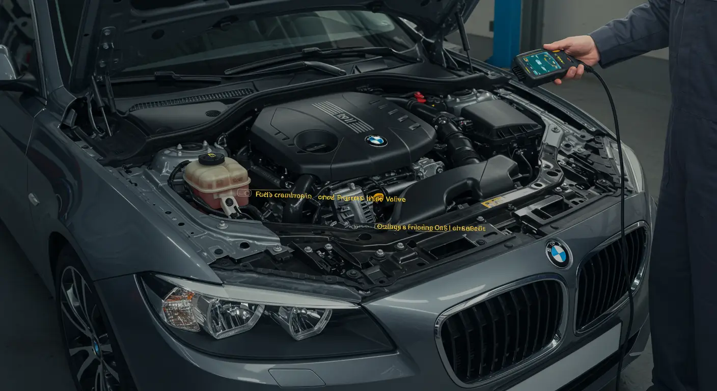 Na instrument tabli automobila svetli žuta lampica check engine upozoravajući na mogući kvar motora.
Automobil sa upaljenom žutom lampicom check engine na kontrolnoj tabli.