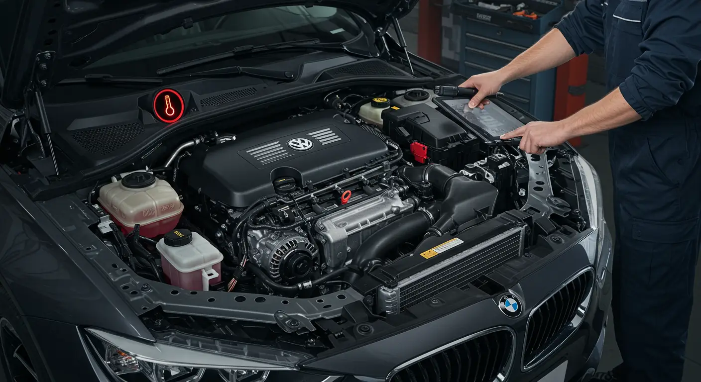 Na slici je kontrolna lampica za temperaturu transmisije na instrument tabli automobila, koja svetli crveno i upozorava vozača na pregrevanje menjača. U pozadini su vidljivi brojčanik brzinomera i drugih pokazivača.