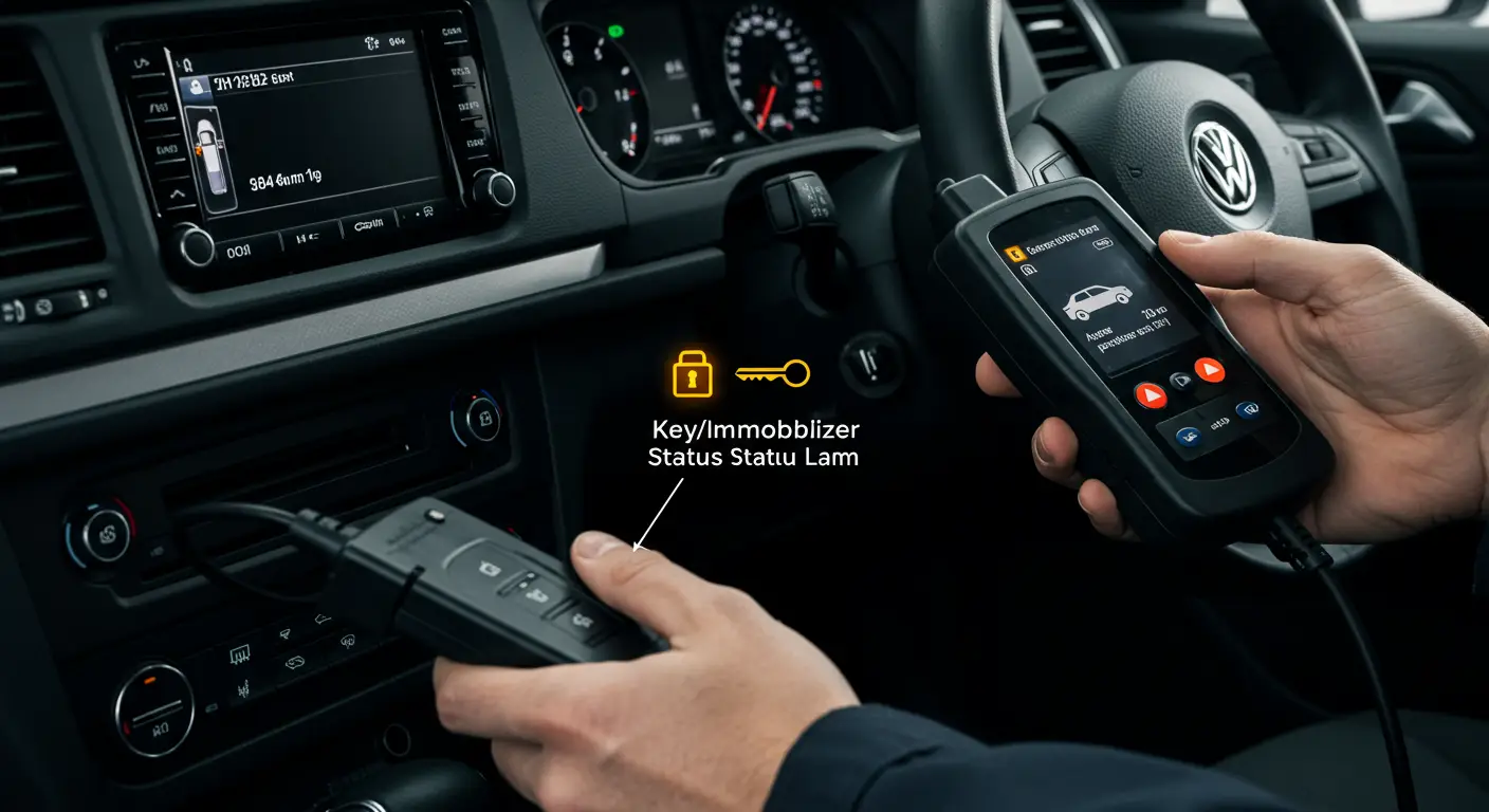 Na slici je prikazana kontrolna lampica statusa ključa/immobilajzera na instrument tabli automobila, koja svetli ili treperi kako bi ukazala na potencijalni problem sa prepoznavanjem ključa ili sistemom protiv krađe.