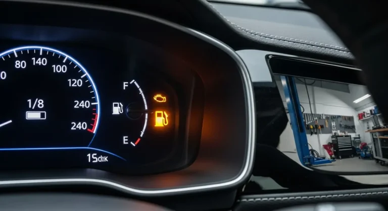 Indikator niskog nivoa goriva na instrument tabli automobila, narandžasta lampica upozorava vozača da dopuni rezervoar goriva.
