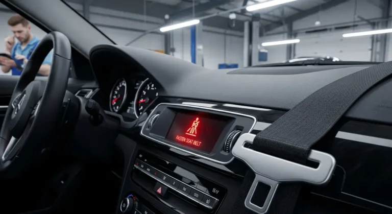 Podsetnik za vezivanje pojasa u automobilu, simbol sa crvenim pojasom na instrument tabli, povećava bezbednost vozača i putnika.