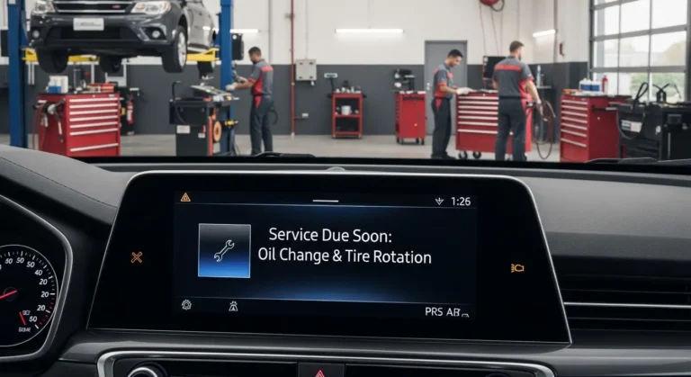Podsetnik za redovan servis i održavanje vozila, prikaz instrument table sa signalnim lampicama i kalendarom za zakazivanje servisa.