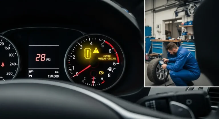 Lampica za upozorenje pritiska u gumama (TPMS) svetli na instrument tabli automobila, označava nedovoljan pritisak u jednoj ili više guma.