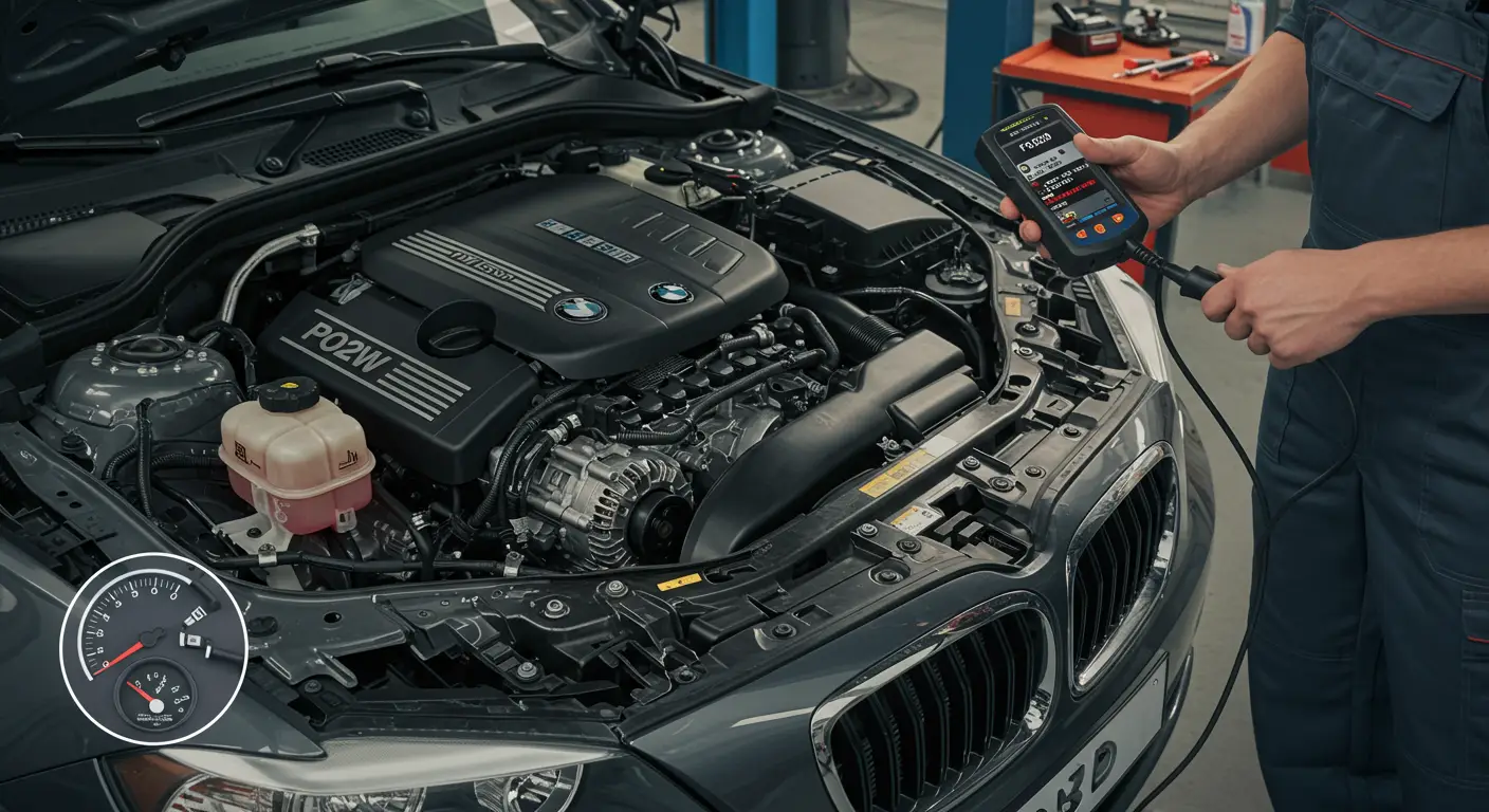 Automobilska instrument tabla prikazuje lampicu za upozorenje ulja, uz dijagnostički skener koji prikazuje kod greške P0520 – neispravnost kruga senzora pritiska ulja motora.