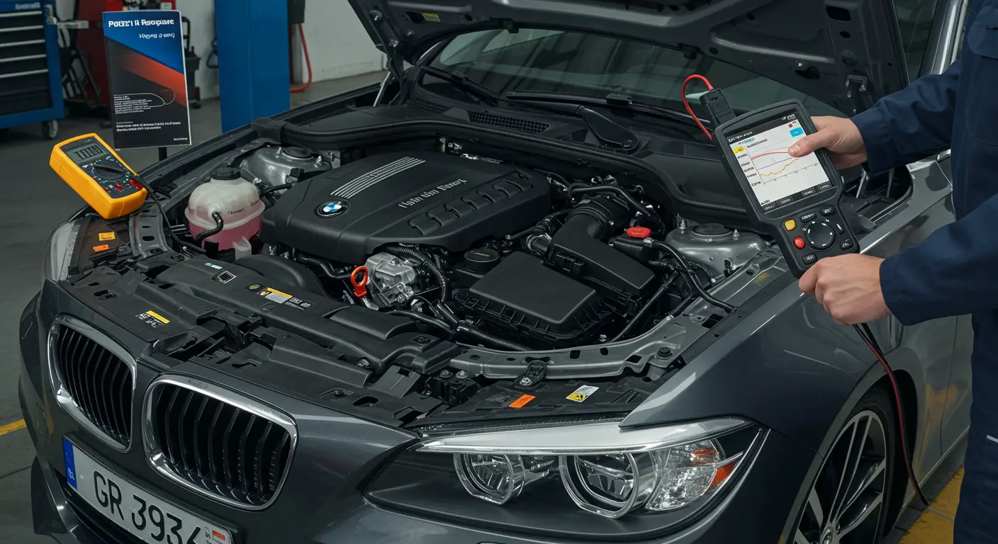 Digitalni merač na instrument tabli prikazuje lampicu upozorenja za pritisak ulja, dok je poklopac motora otvoren i vidi se motor sa priključenim kablovima za dijagnostiku.