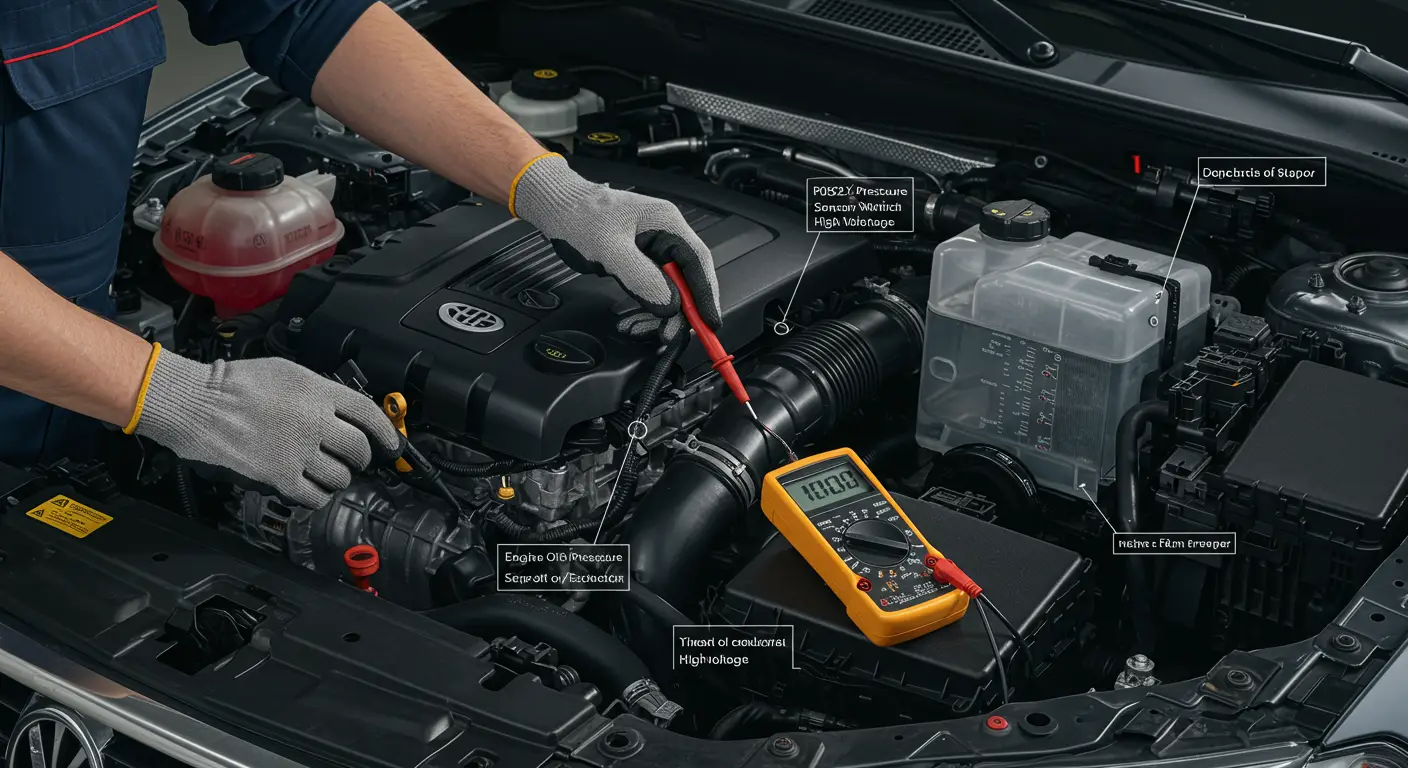 Digitalni merač na komandnoj tabli automobila prikazuje lampicu upozorenja za pritisak ulja, sa oznakom P0523 i simbolom motora. Mehaničar proverava senzorski kabl i konektor ispod haube vozila.