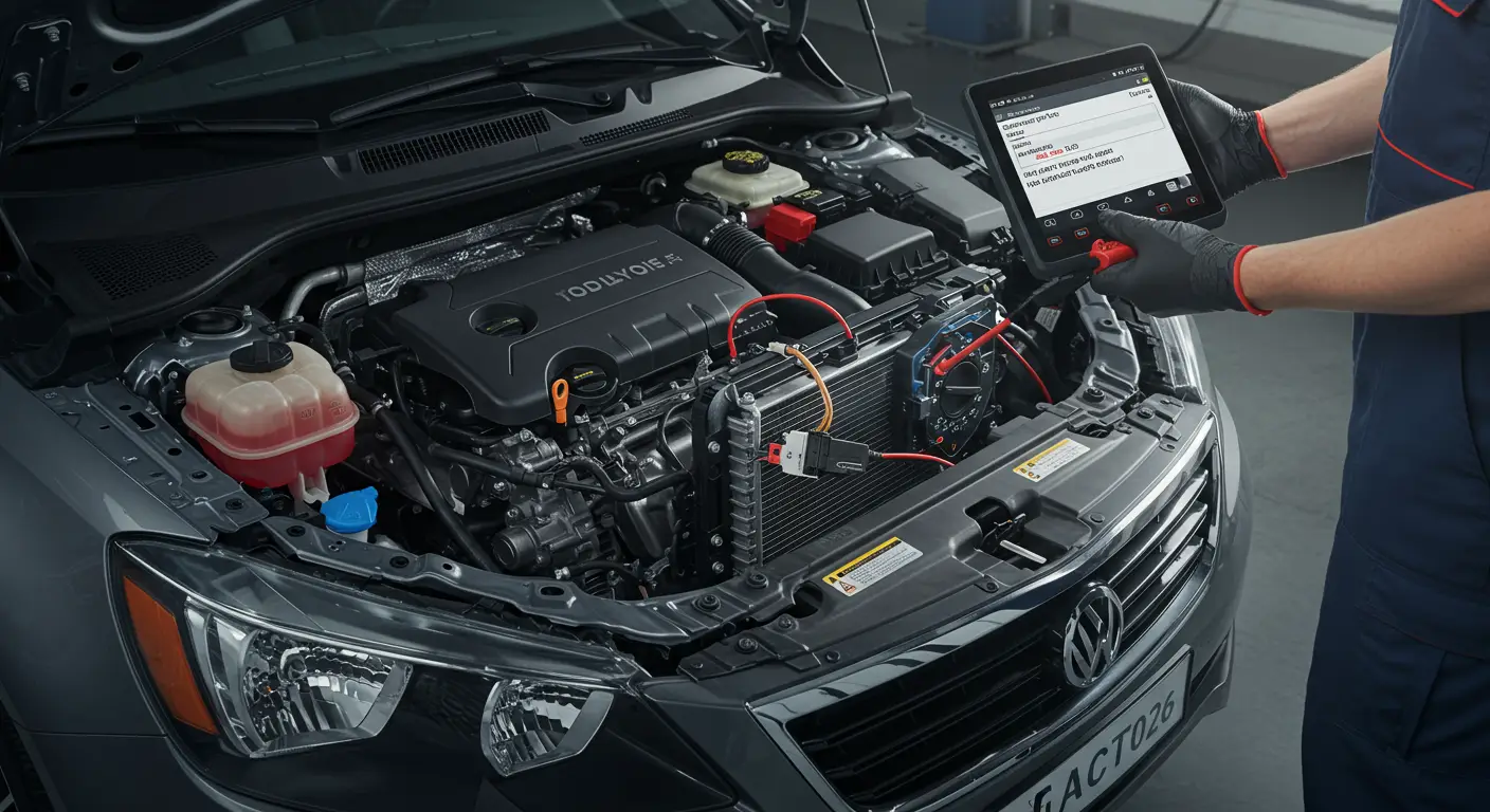 Ilustracija prikazuje senzor brzine ventilatora hlađenja u automobilu sa označenim žicama i priključcima, uz kod greške P0526 na instrument tabli.