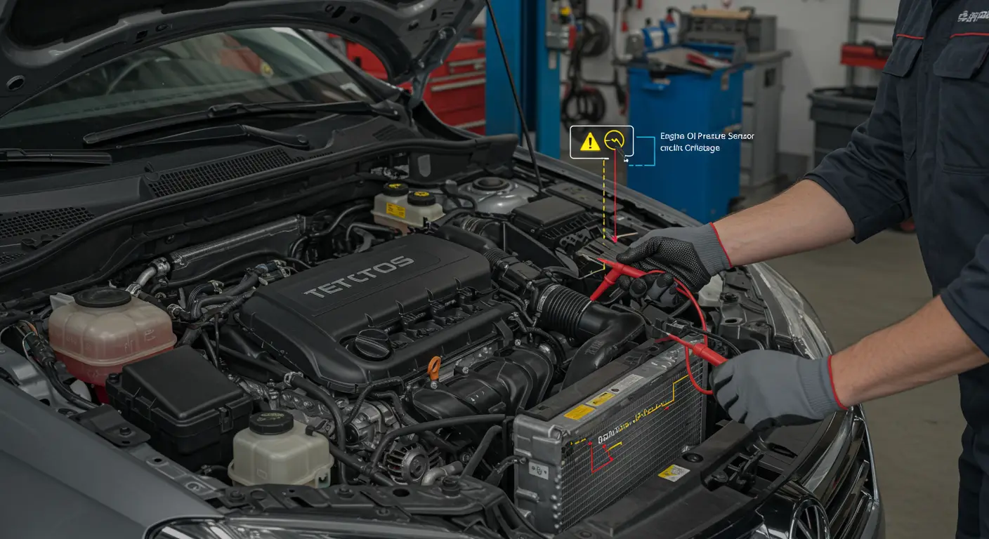 Instrument tabla automobila prikazuje lampicu upozorenja za nizak pritisak ulja, dok mehaničar proverava motor sa otvorenom haubom.