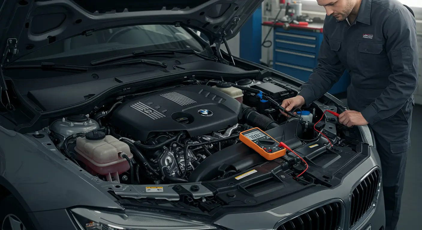 Instrument tabla automobila prikazuje lampicu za nizak pritisak ulja, dok mehaničar proverava senzor pritiska ulja ispod haube.