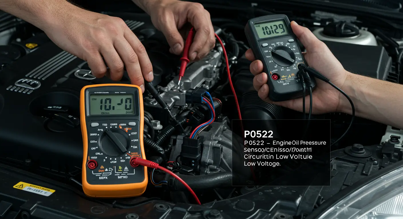 Kod greške P0522 označava da je napon u krugu senzora/priključka pritiska ulja motora nizak, što može ukazivati na problem sa senzorom, ožičenjem ili niskim pritiskom ulja.